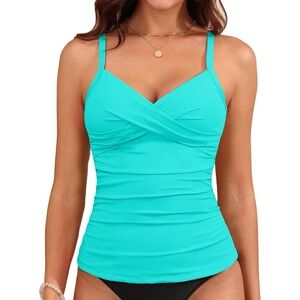 Yonique Women's Tankini Top Swimwear L Bright Blue V Neck Tummy Control NWT‎